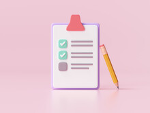 White Clipboard With Checklist On Pink Background. 3d Render Illustration.