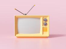 3D Yellow Retro Old Television On Pink Background, Vintage Analog TV With Copy Space. 3d Render Illustration.