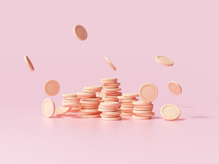 Coin stacks with falling coin on pink background, business investment profit, money saving concept. 3d render illustration.