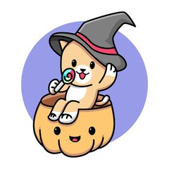 Cute cat with halloween pumpkin cartoon illustration