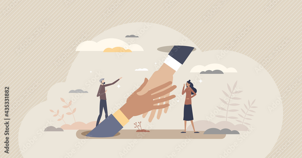 Support and help with advice or solution in job trouble tiny person concept. Giving hand in business difficulties from partners vector illustration. Assistance and unity as strong partnership work. - obrazy, fototapety, plakaty 
