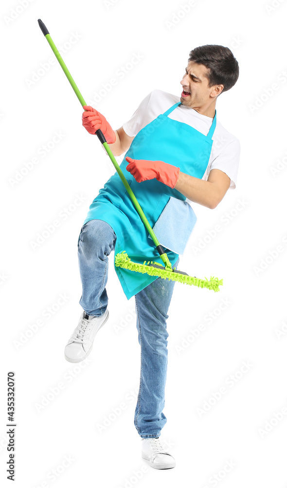 Young man with floor mop on white background