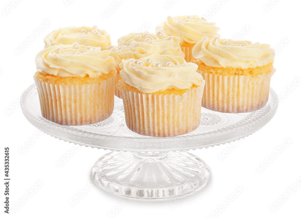 Dessert stand with tasty cupcakes on white background