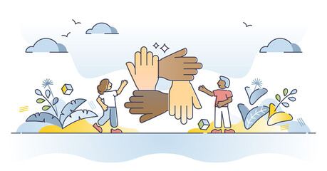 Solidarity and unity as connect multiracial people hands outline concept. Teamwork and social connection or bonding as international collaboration and support vector illustration. Trust and care scene