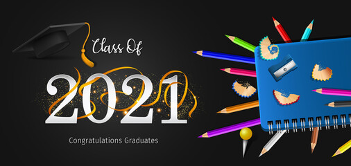 Wall Mural - 2021 Graduation with Cap Vector. Class of 2021 Year Graduation Banner. Banner for Graduation Greeting Card. Lettering Class of 2021 for Greeting and Invitation Card.
