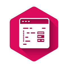 White Software, web developer programming code icon isolated with long shadow background. Javascript computer script random parts of program code. Pink hexagon button. Vector
