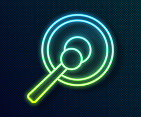 Poster - Glowing neon line Gong musical percussion instrument circular metal disc and hammer icon isolated on black background. Vector