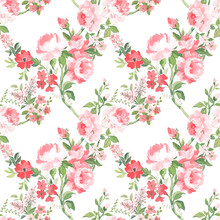 Beautiful Vector Seamless Pattern With Hand Drawn Watercolor Summer Pink Gentle Flowers. Stock Floral Illustration.