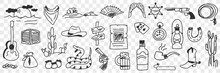 Traditional Cowboy Symbols Doodle Set. Collection Of Hand Drawn Various Guitar Snake Boots Bottle Gun Traditional For Cowboy Culture In Rows Isolated On Transparent Background 