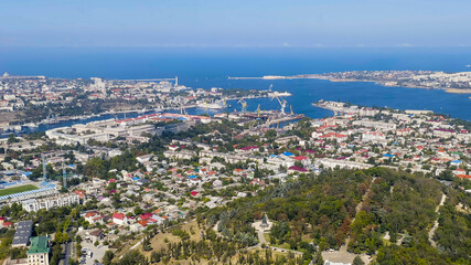 Sevastopol, Crimea. Bays of the city of Sevastopol in summer in sunny weather. The ships, Aerial View