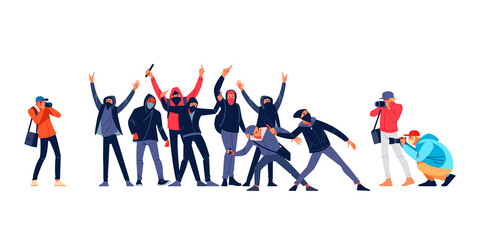 Hooligans, Protesters throws stones toward police during street riots. Photographers or paparazzi taking photo. Journalists, reporters making pictures battle. Cartoon flat style vector illustration