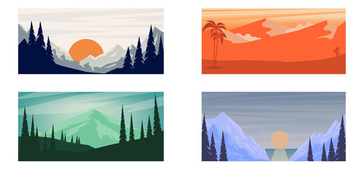 Wall Mural - Set of cartoon mountain landscape in flat style. Mountain landscape with fir trees. Design element for poster, card, banner, flyer. Vector illustration