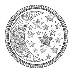 Wall Mural - Circle mandala. Line background. Hand drawn lines. Zentangle. Half moon and stars. Doodle for design. Design for spiritual relaxation for adults. Wallpaper. Art creative