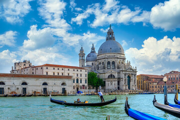 Poster - Grand canal with gondola and Basilica di Santa Maria della Salute in Venice, Italy. Architecture and landmarks of Venice. Venice postcard