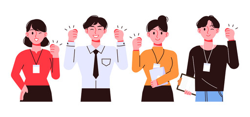 Young male and female office workers pose for support and encouragement. Business concept vector illustration