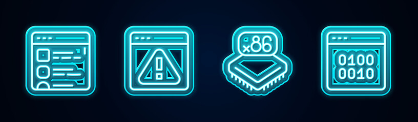 Set line Browser files, with exclamation mark, Processor microcircuits CPU and Binary code. Glowing neon icon. Vector