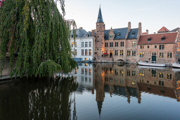 Classic view of the historic city center of Bruges (Brugge), West Flanders province, Belgium. Cityscape of Bruges