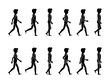 © Cherstva - Walking man sequence movements vector icon pictogram set. Stick figure male moving forward silhouette posture on white background