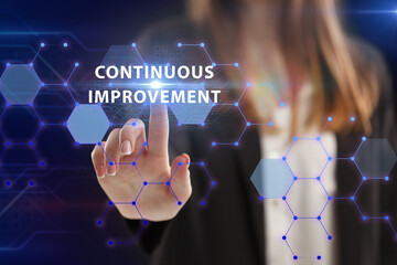 Business, Technology, Internet and network concept. Young businessman working on a virtual screen of the future and sees the inscription: Continuous improvement