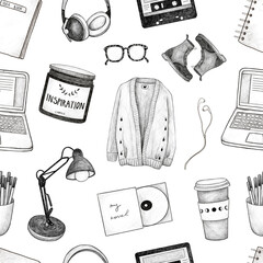 Seamless pattern with writing items. Coffee, notebook, pen, writer aesthetics. Hand drawn graphic illustrations on white isolated background