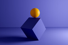 Yellow Sphere Or Ball Balanced At The Edge Of A Cube Geometric Shape On Blue Background. Abstract 3D Illustration.