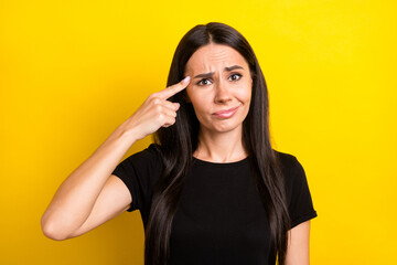 Poster - Photo of frustrated funky lady frowning finger touch temple wear black t-shirt isolated yellow color background