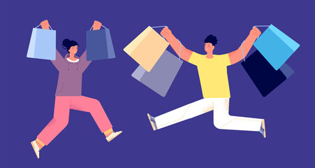 Happy people with purchase. Guy shopping, customer hold shop bags. Ecommerce, crazy sales or surprise. Couple buy on discount utter vector concept