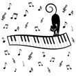 Gato negro subido en teclado de piano y notas musicales.