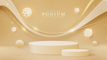 Wall Mural - Realistic cream color product podium with golden lines sparkle and elegant ball. Luxury 3d style background concept. Vector illustration for promoting sales and marketing.