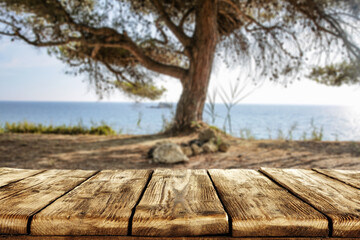 Poster - Desk of free space and summer landscape of sea 