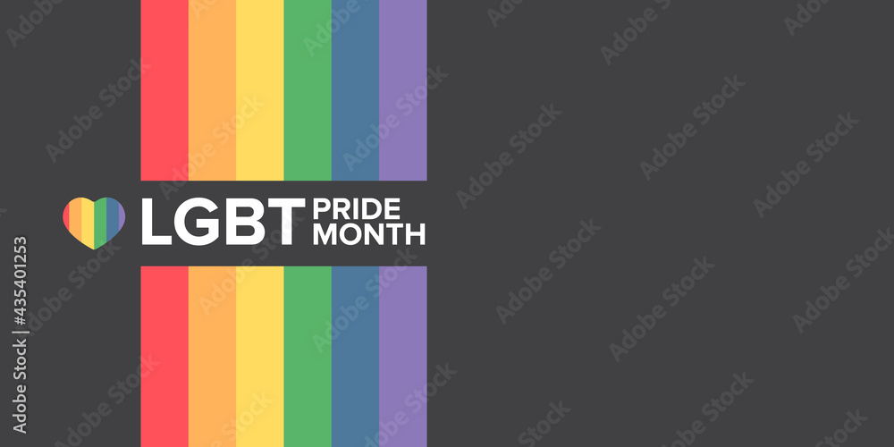 Happy pride month horizontal banner with pride color striped ribbon flag isolated on grey background. LGBT Pride month or pride day poster, flyer, invitation party card modern style design template. - obrazy, fototapety, plakaty 