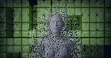 Composition of exploding human bust formed with grey particles and green cubes background