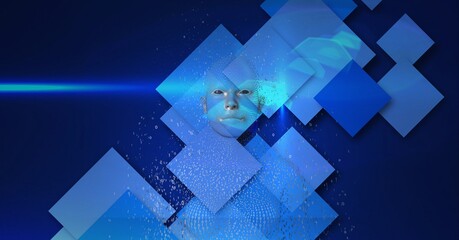 Composition of exploding human bust formed with binary coding and blue screens background