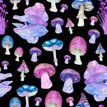Watercolor Seamless Pattern With Mushrooms From Magic Forest. Beautiful Texture For Textile And Wrapping Paper.