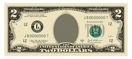 us dollars 2 banknote -american dollar bill cash money isolated on white background.