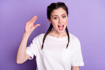 Poster - Photo of young girl show finger bla blah sign mocking enough talk isolated over purple color background