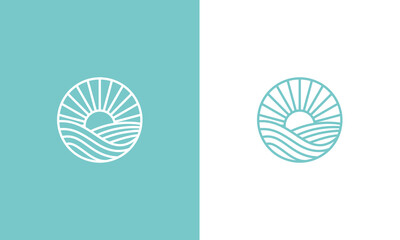 Sticker - sunset logo design, sunset circular vector design in ocean scenic