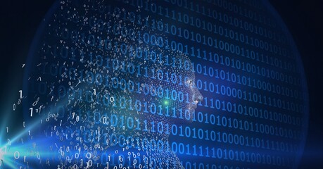 Composition of exploding human bust formed with particles over binary coding