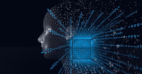 Composition of human bust over processor and binary coding processing