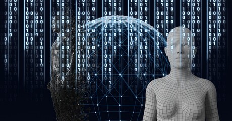 Composition of binary coding processing over human busts and globe