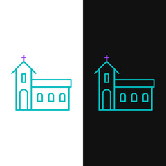 Poster - Line Church building icon isolated on white and black background. Christian Church. Religion of church. Colorful outline concept. Vector