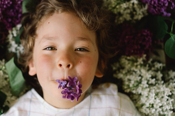 Wall Mural - Portrait of a happy boy in lilac flowers. Happy childhood.