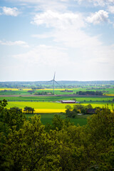 Wall Mural - Wind turbine in the middle of green and yellow colorful flat farmland landscape of Skåne Sweden