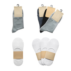 Pairs of cotton socks with blank labels on white background, collage