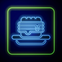 Poster - Glowing neon Junk food icon isolated on blue background. Prohibited hot dog. No Fast food sign. Vector