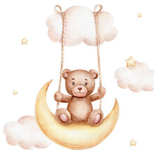 Cute Cartoon Bear On The Moon And Clouds; Watercolor Hand Drawn Illustration; Can Be Used For Baby Shower Or Kid Poster; With White Isolated Background