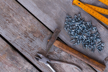 Sticker - Set of carpenters tools on wooden background.