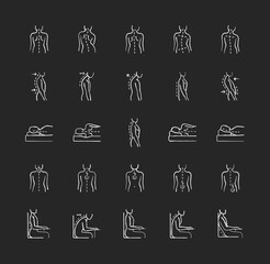 Wall Mural - Back and posture problems chalk white icons set on black background. Spinal abnormalities. Maintaining natural alignment. Sitting, sleeping position. Isolated vector chalkboard illustrations