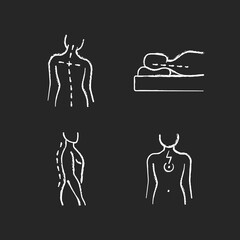 Sticker - Postural dysfunction chalk white icons set on black background. Head tilt. Incorrect sleeping position. Normal spinal anatomy. Chest pain. Muscle weakness. Isolated vector chalkboard illustrations