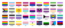 Sexual Identity Flags. Set Of Vector Pride Flags And LGBT Symbols. Gay Pride Flag, Trans Pride Flag, Lesbian Etc. Sexuality And Gender Flags Representing LGBTQ  Communities